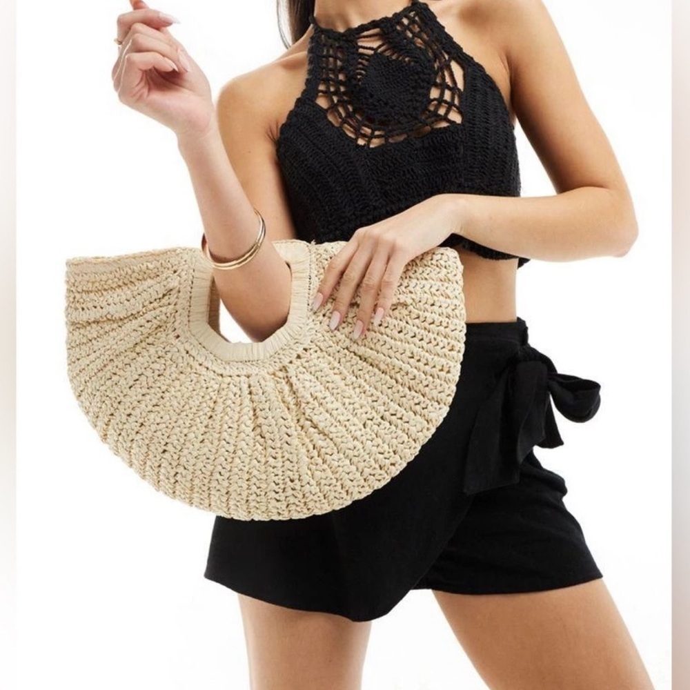 Ramla Bohemian Rattan Half Moon Bag - Cream - Picture 4 of 5